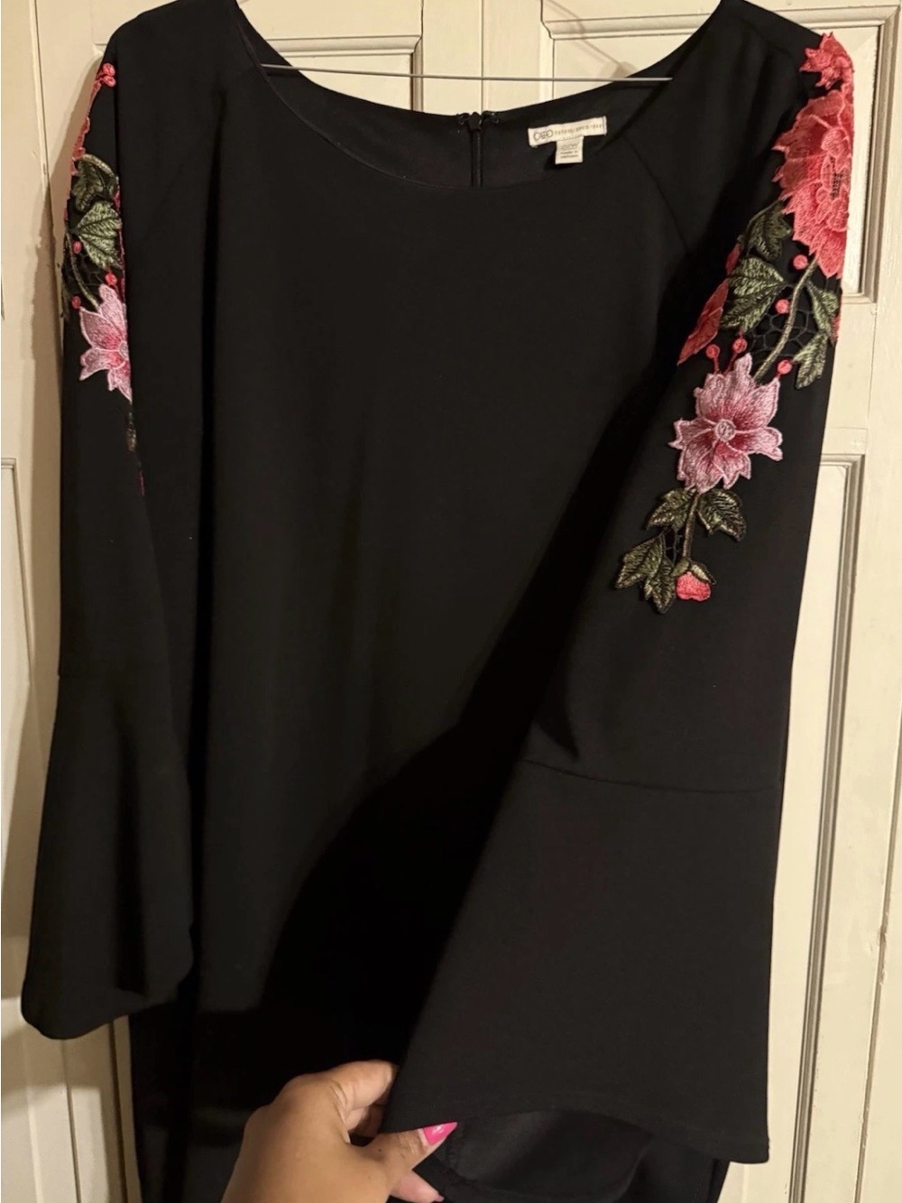 Embroidered Bell-Sleeve Black Dress with Pink Floral Detail
